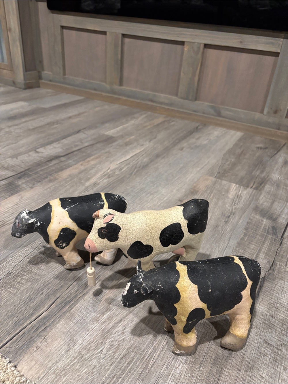 Set of 3 Vintage Folk Art painted canvas Cow Figures